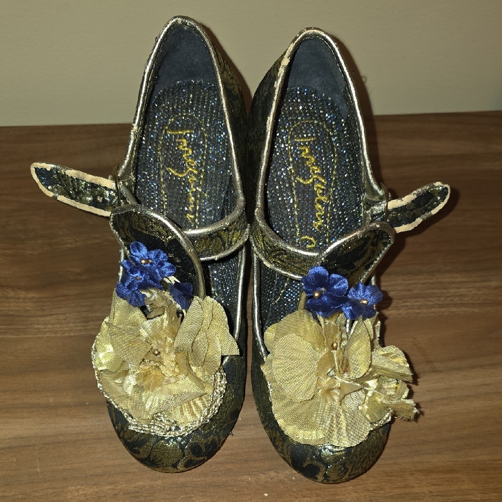 Irregular Choice Gold and Blue Floral Heels